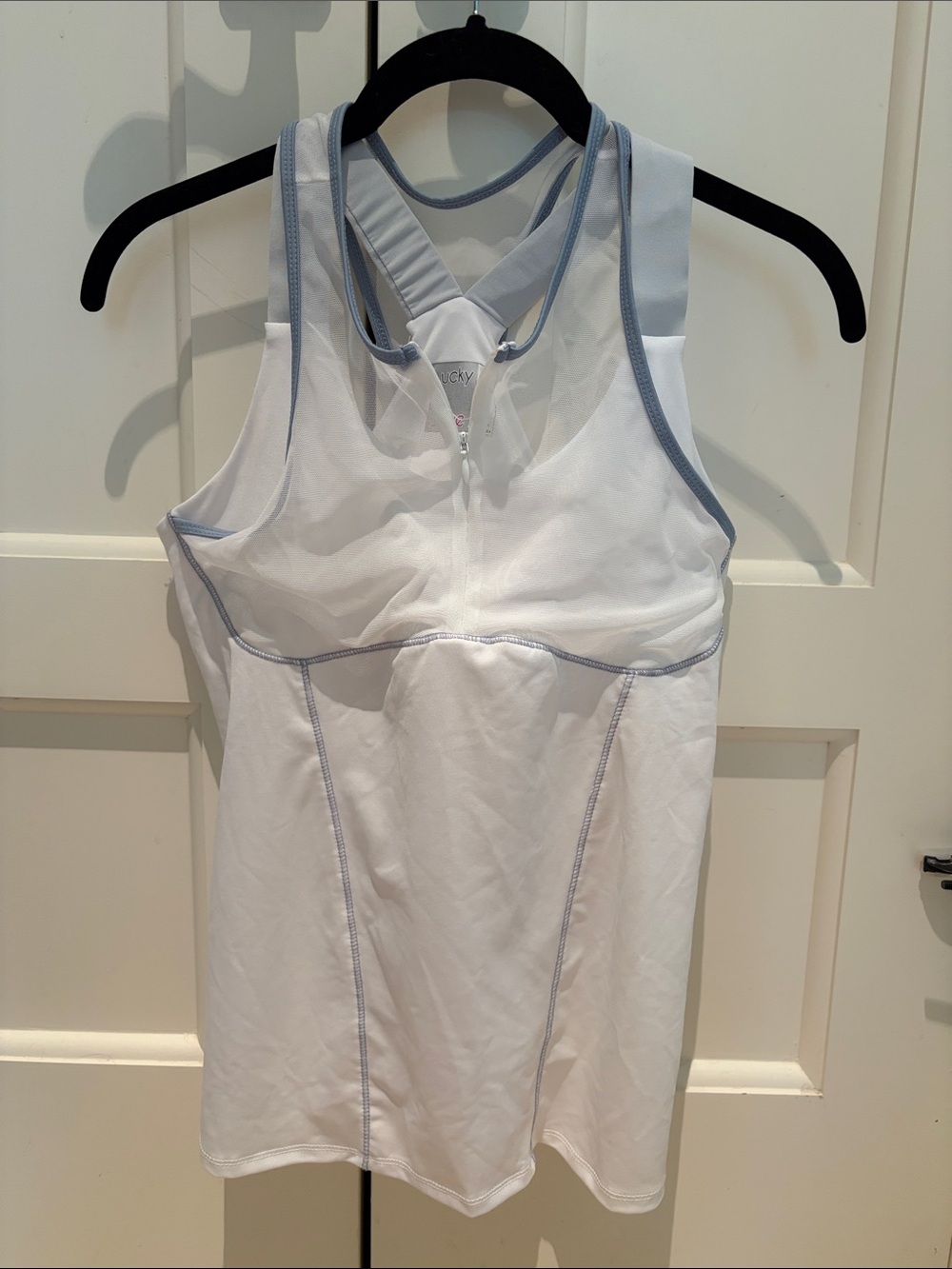 Lucky in Love White Tank Top with Light Blue Trim